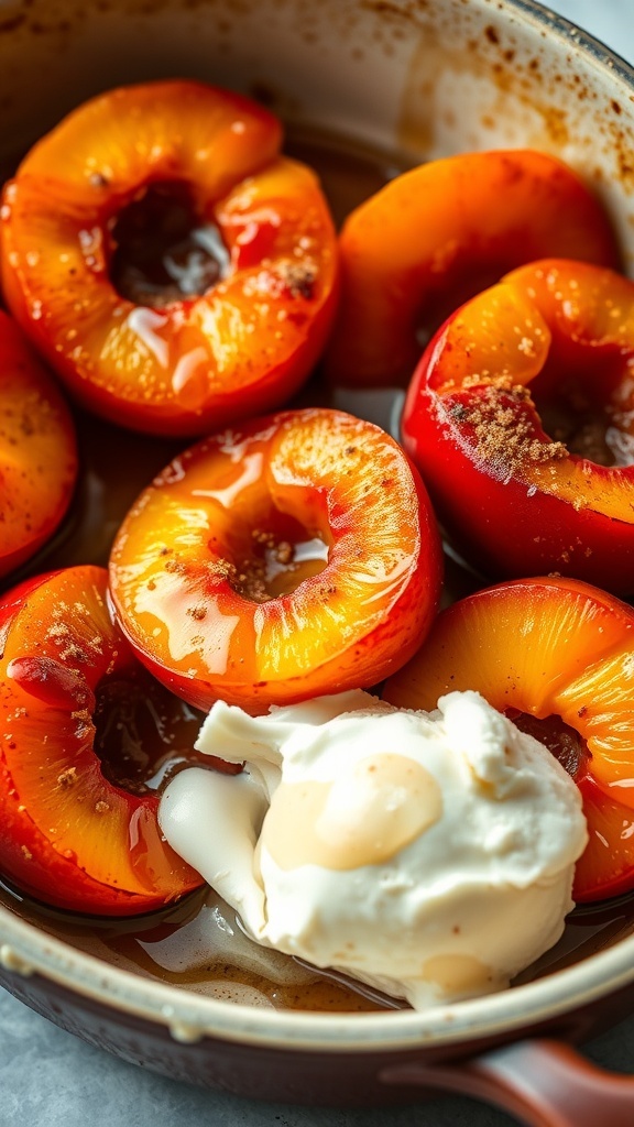 Baked peaches with honey and cinnamon in a rustic dish, served with vanilla ice cream.